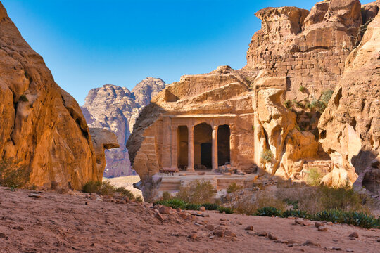 View on garden hall temple at Petra historical site in Jordan.