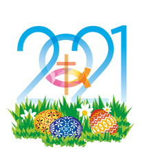 Happy Easter 2021 with christian fish.
Year 2021 with Jesus fish symbol and easter eggs on a meadow.Vector available.