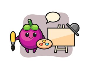 Illustration of mangosteen mascot as a painter