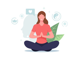 Obraz premium Female Character Meditating in Lotus Pose Feel Mental Balance and Self Control, Woman Doing Yoga, Healthy Lifestyle