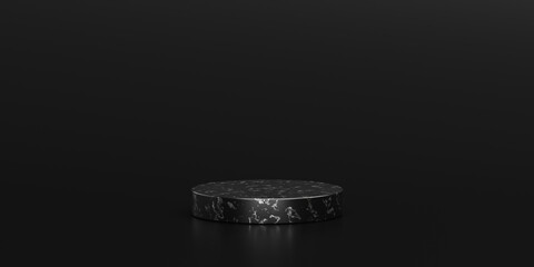 Black marble showcase product background stand or podium pedestal on dark display with luxury...