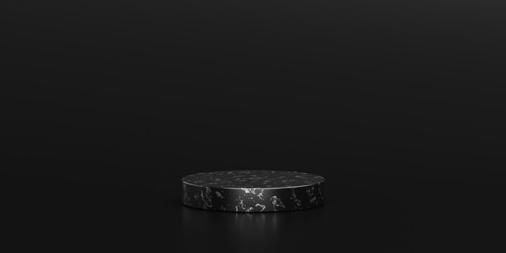 Black marble showcase product background stand or podium pedestal on dark display with luxury backdrops. 3D rendering.