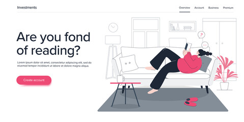 Young woman or girl reading paper book on sofa at home. Happy female learning. Flat vector illustration. Web banner layout template.