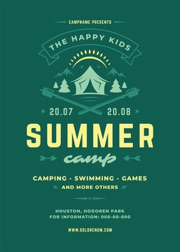 Kids summer camp poster or flyer event retro typography design template and forest lanscape and tent background