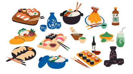 Traditional Japanese food collection. Donabe hot pot, sushi rolls, sake bottles and matcha tea set. Different Asian cuisine dishes and tasty meals in flat design .