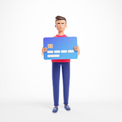 Full length cartoon character man holding blue credit card isolated  over white background.