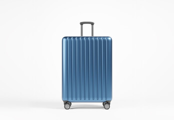 Luxury blue aluminium suitcase over white background. Travel holiday vacation concept.