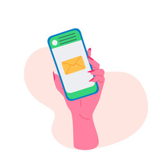 Online communication flat illustration. Woman's hand holding smartphone with messages, letters and calls banner design. Social application, contact us background.