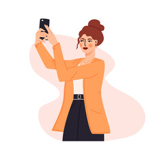 Young beautiful woman taking photo with mobile phone flat cartoon illustration. Girl in trendy outfit make salfie banner design. Smartphone modern lifestyle background
