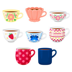 collection of different teacups. Cartoon style. Vector illustration. Isolated on white.
