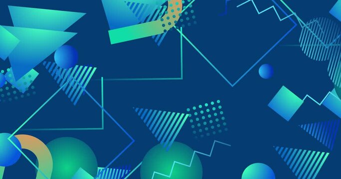 Gradient geometric shapes in the memphis style of the 80s. Animation of movement of geometric shapes. Synthwave retro background. Retrowave. Horizontal composition, 4k video quality