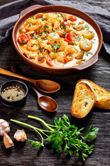 seafood saute in a bowl, top view