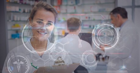 Digital interface with medical data processing against female health worker holding clipboard