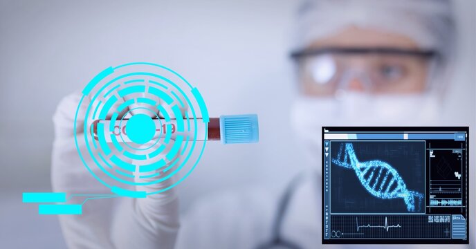Digital interface with medical data processing against male health worker holding covid 19 vaccine