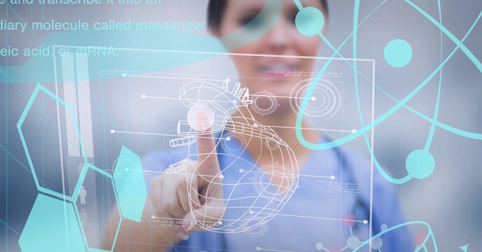 Caucasian female health worker touching screen with medical data processing