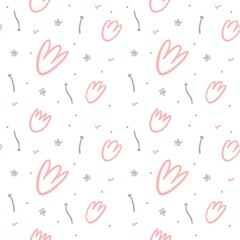 Endless cute tender doodle background with flowers, leaves and other elements. Flat vector pattern, ornament, textil, fabric or postcards