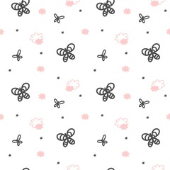 Endless cute doodle background with butterfly, clouds and dots. Flat vector pattern, ornament, textil, fabric or postcards