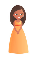 Cute young African American girl in a beautiful yellow evening dress. There is a smile on my face. Stands on a white background. Cartoon illustration