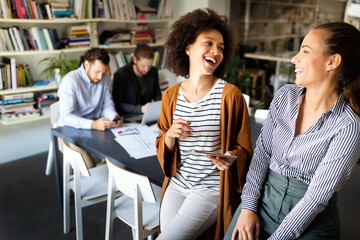 Successful company with happy workers. Business, meeting, office concept