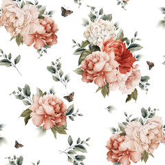 Seamless floral pattern with peonies flowers on summer background, watercolor illustration. Template design for textiles, interior, clothes, wallpaper © ola-la