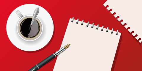 Composition présentant un bloc-notes et une tasse de café sur une table avec une page blanche pour écrire une histoire ou un message.