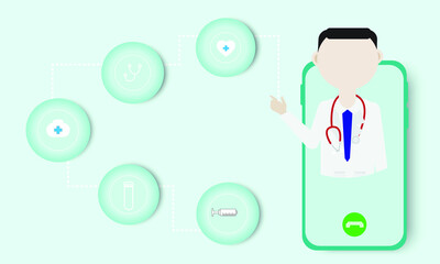 Illustration of  tele medicine isometric concept. Medical consultation and treatment via application of smartphone with medical icon on sea green background.