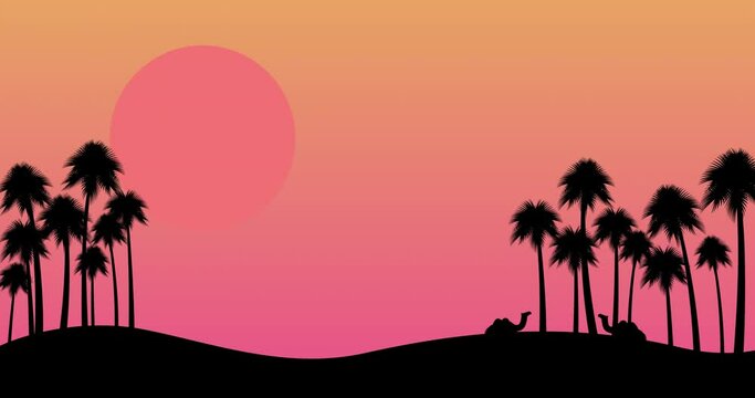 Tropical landscape with palm trees at sunrise and sunset. Animation of the movement of palm trees, sun and camels. Two camels lying among the palms. Horizontal composition, 4k video quality