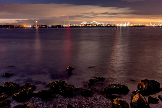 Claiborne Pell Bridge In Background At Night In Newport Rhode Island