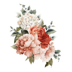 Bouquet of peonies flowers, can be used as greeting card, invitation card for wedding, birthday and other holiday and  summer background. Watercolor illustration