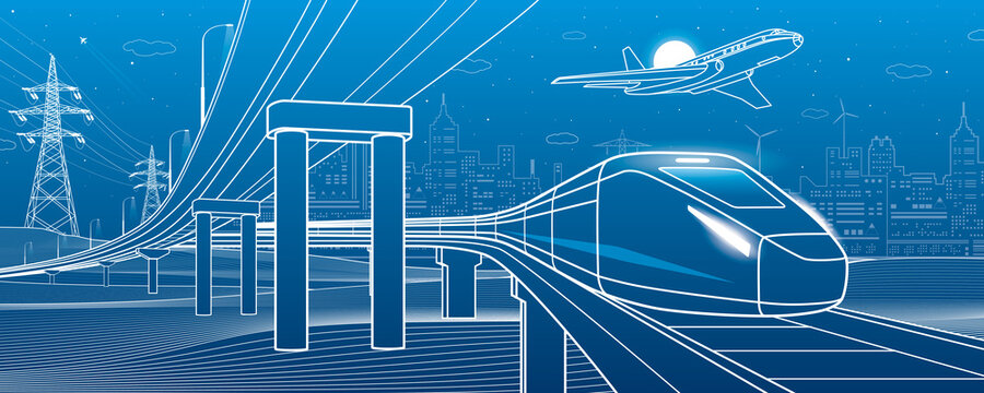Outline road bridge. Car overpass. Train rides. Airplane fly. City Infrastructure and transport illustration. Urban scene. Vector design art. White lines on blue background
