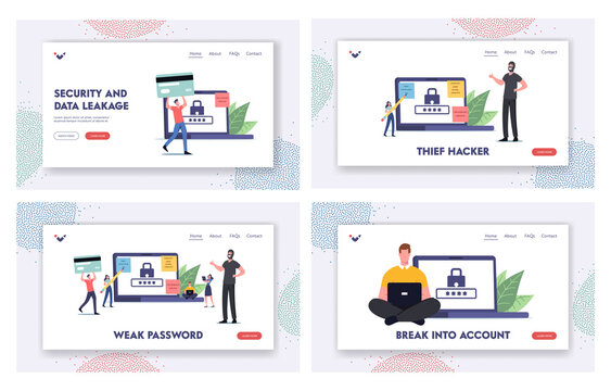 Account Protection Landing Page Template Set. Tiny Characters around Huge Laptop Work on Pc with Weak Password