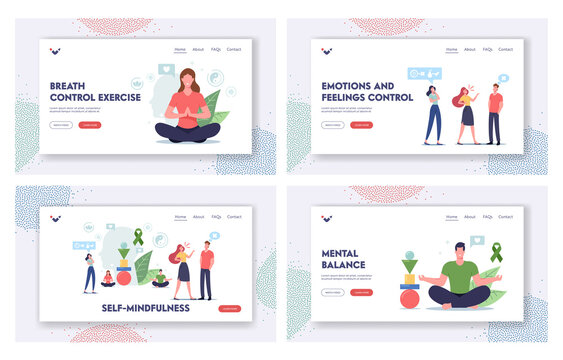 Self-mindfulness, Control Landing Page Template Set. Characters Keep Mental Balance Avoid Aggression, Stressful Reaction