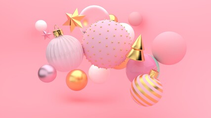 Christmas and Happy New Year 3D illustration, pink golden background with christmas baubles and stars - 422513644