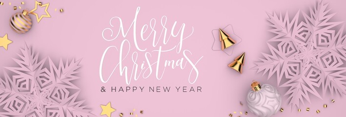 Christmas and Happy New Year 3D illustration, banner with paper cut snowflakes and christmas baubles and a beautiful handwriting - 422513667