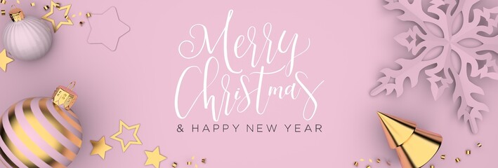 Christmas and Happy New Year 3D illustration, banner with paper cut snowflakes and christmas baubles and a beautiful handwriting