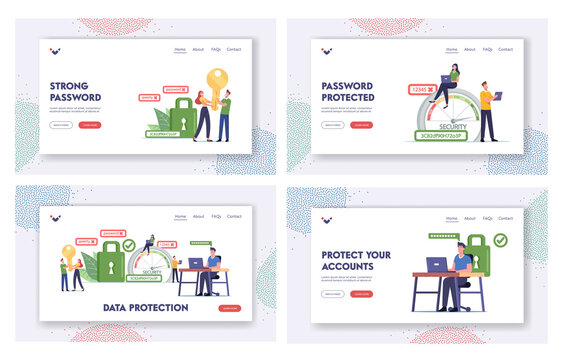 Data Protection Landing Page Template Set. Characters Create Strong Account Password. Man Working on Laptop in Office