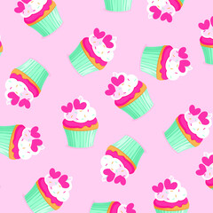 Cupcake seamless pattern vector illustration. Cupcakes, muffin pattern seamless background