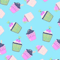 Cupcake seamless pattern vector illustration. Cupcakes, muffin pattern seamless background