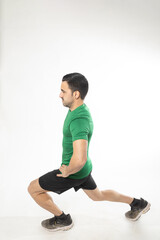 Obraz premium athlete man stretching exercises on white background.