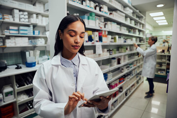 Young female woman wearing labcoat working in chemist using digital tablet