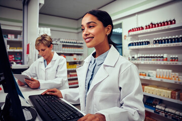 Smiling young woman working in pharmacy using computer with senior colleague using digital tablet in chemist behind counter