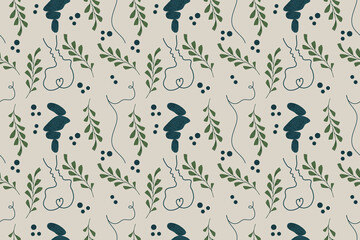 Fashion cover design seamless pattern Abstract background, wallpaper. Continuous drawing of a female figure, balance stones, a green branch with leaves. Vector cover.