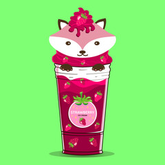 Baby Drink With Strawberries And Cute Chanterelles. Ice Cream In A Cup For Children. Image For Postcards Or Packaging.
