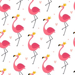 Seamless pattern with cute cartoon flamingos, decor elements. hand drawing. Flat colorful vector. animal theme. design for fabric, textile, print, wrapper