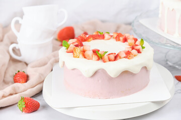 Strawberry chiffon cake with fresh cream. Cake for celebration.