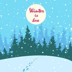 Fototapeta na wymiar Beautiful landscape with snow-covered forest and glade. Silence and peace and someone's footprints in the snow. Winter is here. Post card with text in square format in flat style