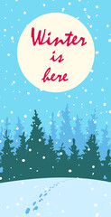 Fototapeta na wymiar Beautiful landscape with snow-covered forest and glade. Silence and peace and someone's footprints in the snow. Winter is here. Post card with text in flat style