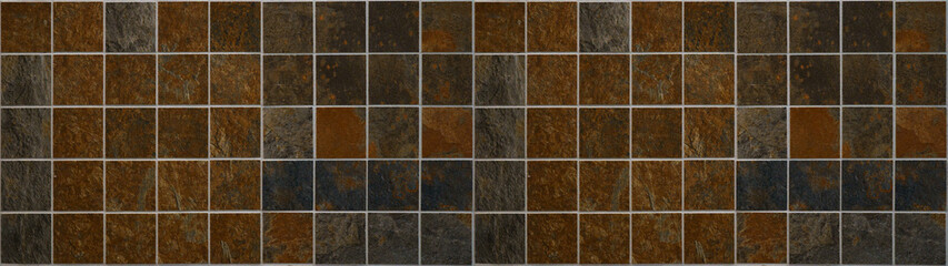 Grunge rusty dark natural slates stone square mosaic tile mirror / rust tiles wall background texture banner panorama	
