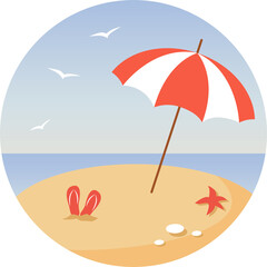 vector illustration in flat style. colorful umbrella on the beach. Vacation on the beach, relaxation. Summer landscape background. Beach slippers in the sand. Starfish on the sand