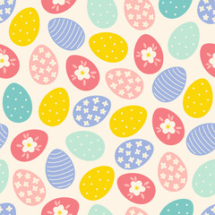 Easter seamless pattern with colorful eggs with flowers, dots, stripes